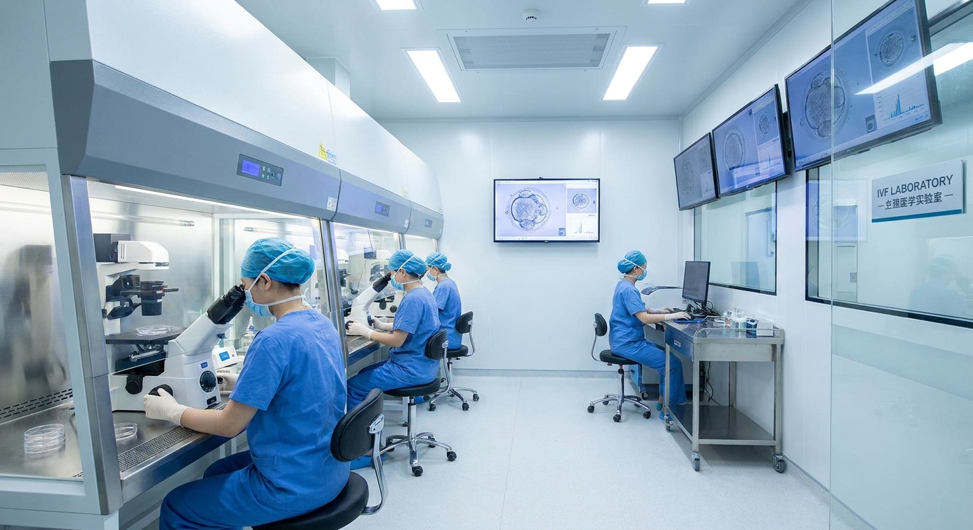 Modern IVF laboratory with embryologists examining embryos under microscopes