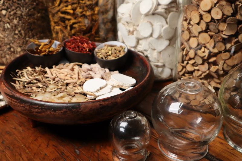 Traditional Chinese medicine ingredients and jars used in ancient remedies
