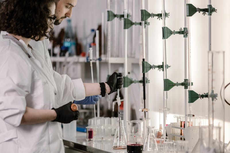 Scientists working with test tubes in modern laboratory